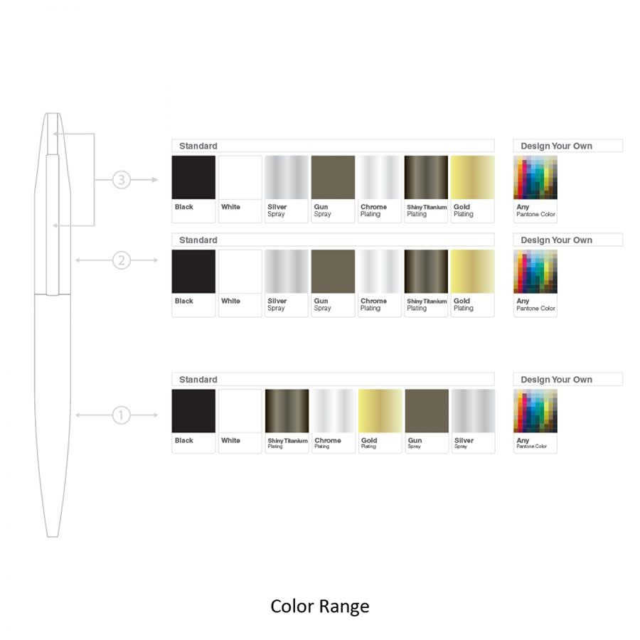 A metal ball pen available in various colours, including black, white, silver, and gold, with a logo featured.