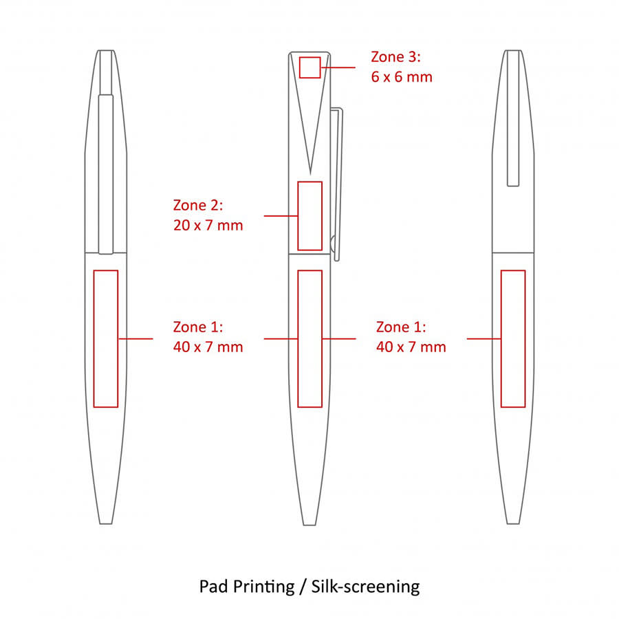 A metal ballpoint pen with a slim design, featuring a logo and marked zones for printing in white and red.