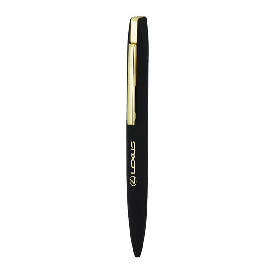 A slim black metal ballpoint pen with a gold clip and branding on the barrel.
