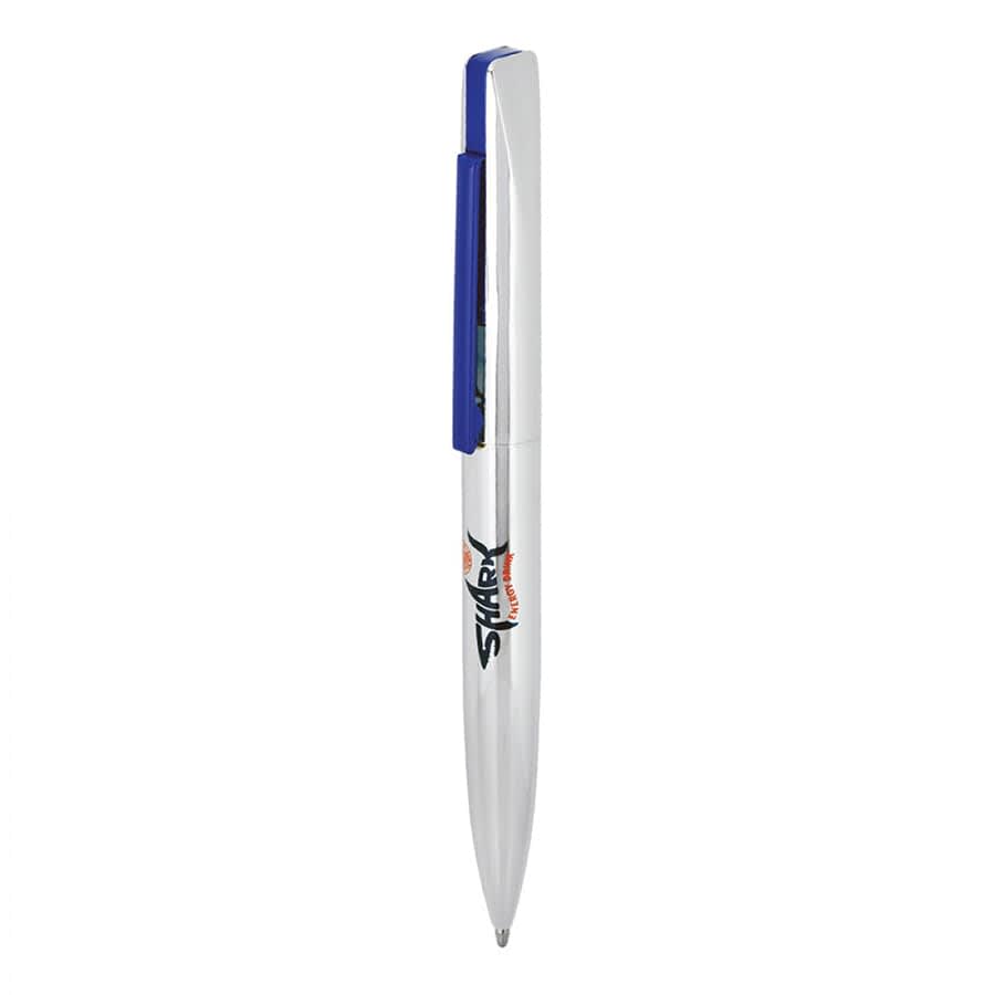 A slim, metallic ballpoint pen with a blue clip and a logo on the barrel.