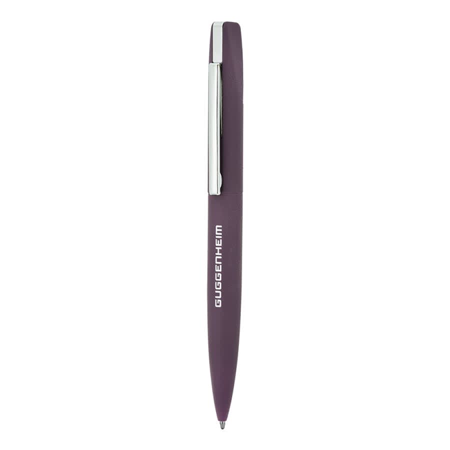 A slim, twist metal ball pen in a deep purple colour with a silver clip and branding.