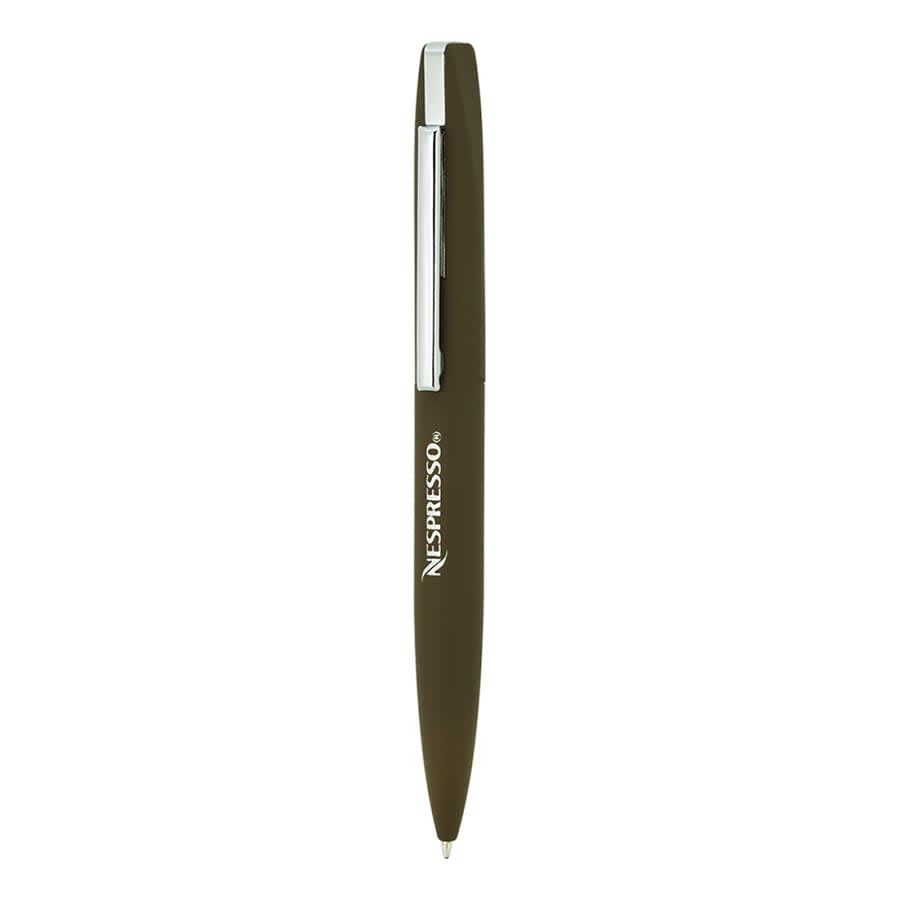 A slim, dark green twist metal ball pen with a chrome clip and branding.