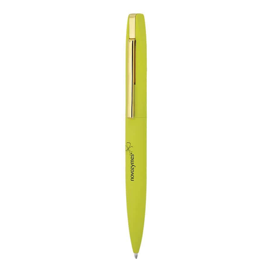 A slim, twist metal ball pen in vibrant lime green with a gold clip and branding.