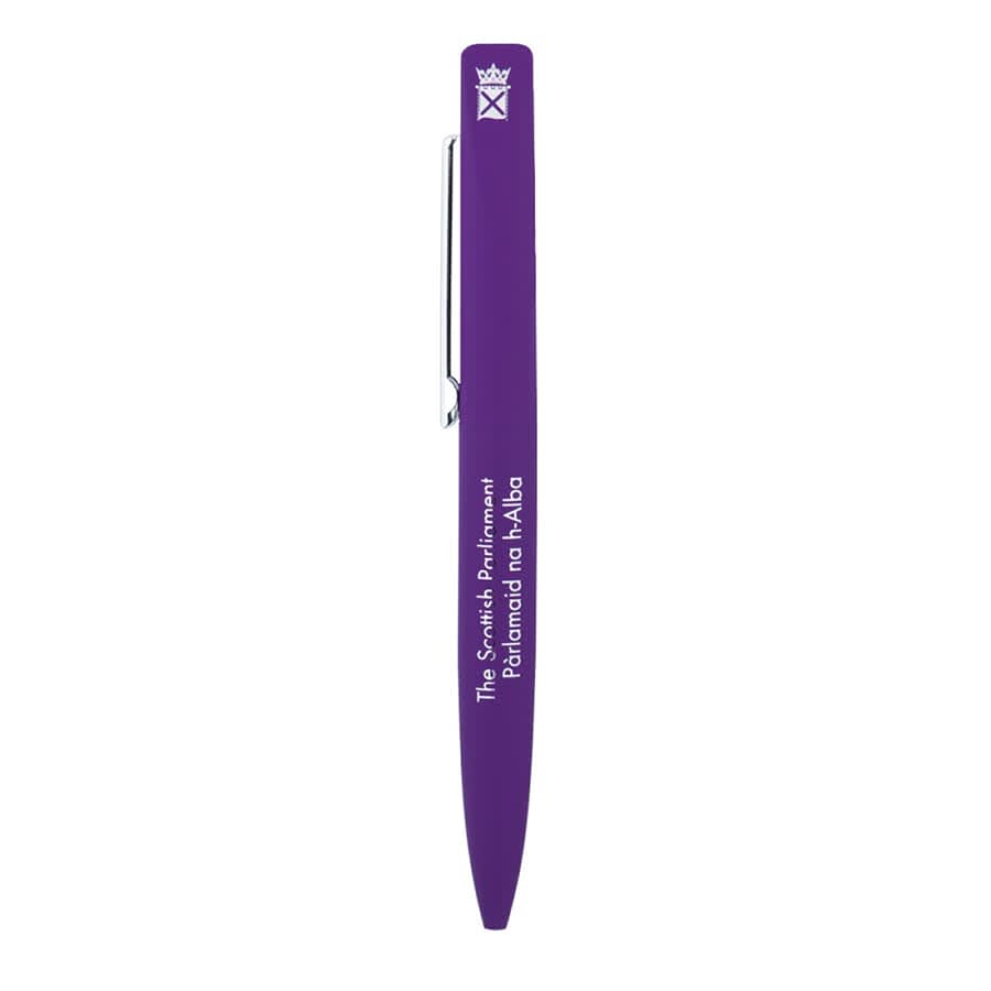 A purple metal ballpoint pen with a sleek design and a silver clip, featuring a logo and branding.