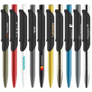 A collection of metal ballpoint pens in various colours, featuring black clips and branding on some.