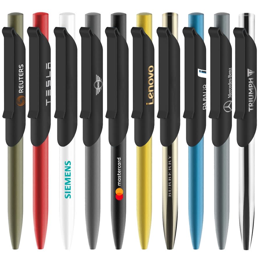 A collection of metal ballpoint pens in various colours, featuring black clips and branding on some.