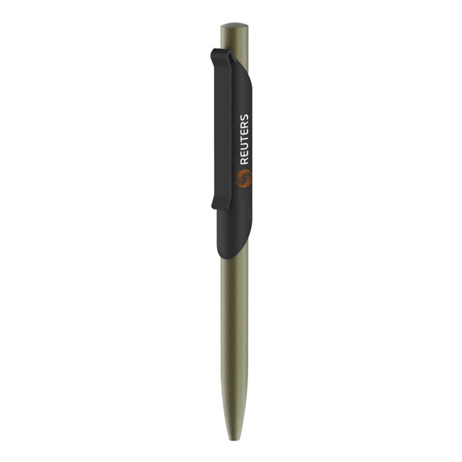 A metal ballpoint pen in olive green with a black clip and branding on the body.