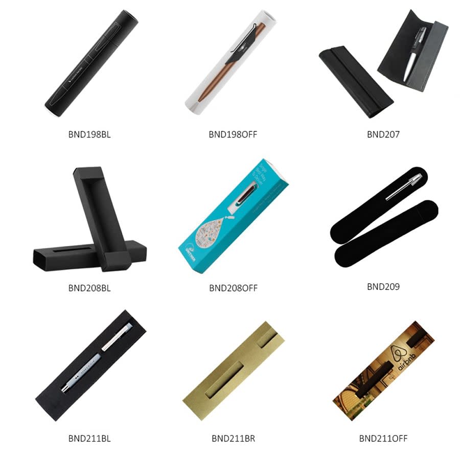 A collection of metal ballpoint pens in various colours, each with packaging and a logo.