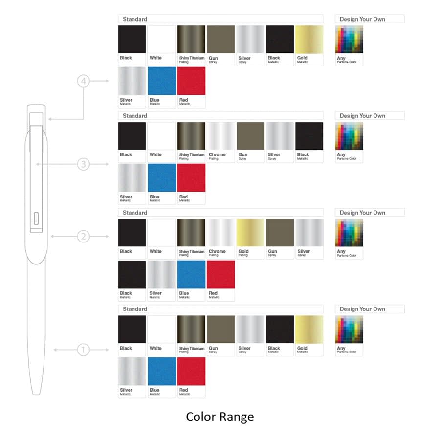 A selection of BND67 SKIL metal ball pens in various colours, with options for custom designs and a logo.
