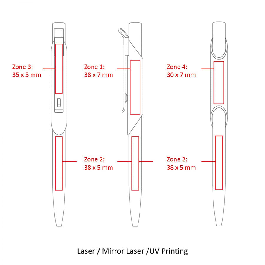 Sketch of four metal ballpoint pens with areas indicated for laser or UV printing, featuring various designs and shapes.