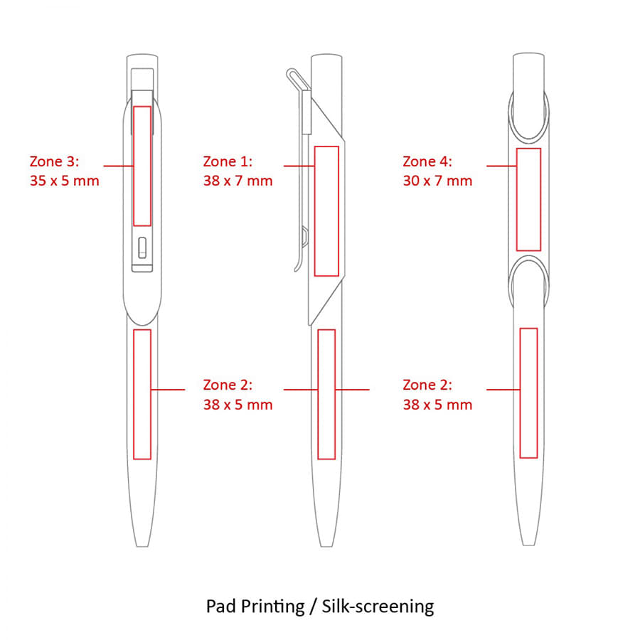 Three metal ballpoint pens in various designs featuring multiple zones for printing. Each pen has a clip and a branding area.