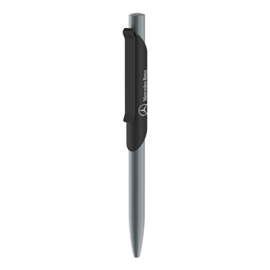 A silver metal ballpoint pen with a black clip and branding.