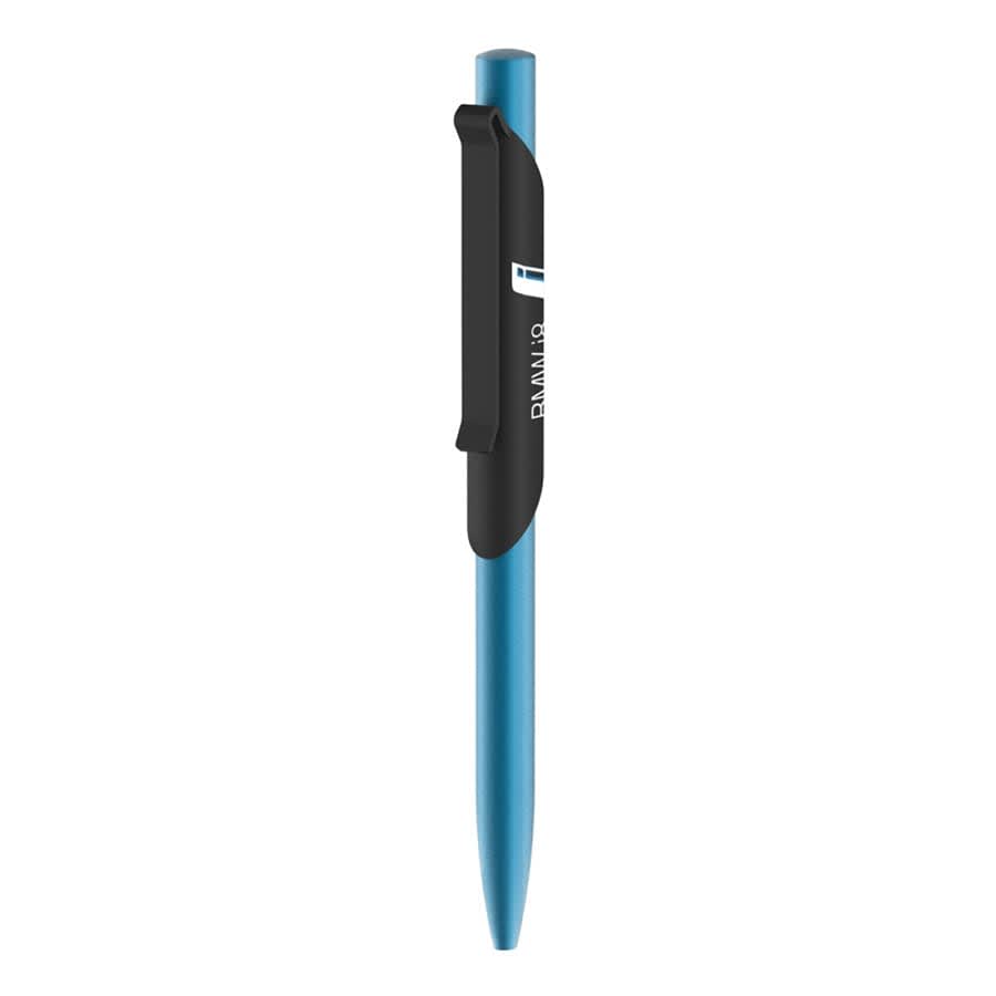 A metal ballpoint pen in blue with a black clip and branding on the side.
