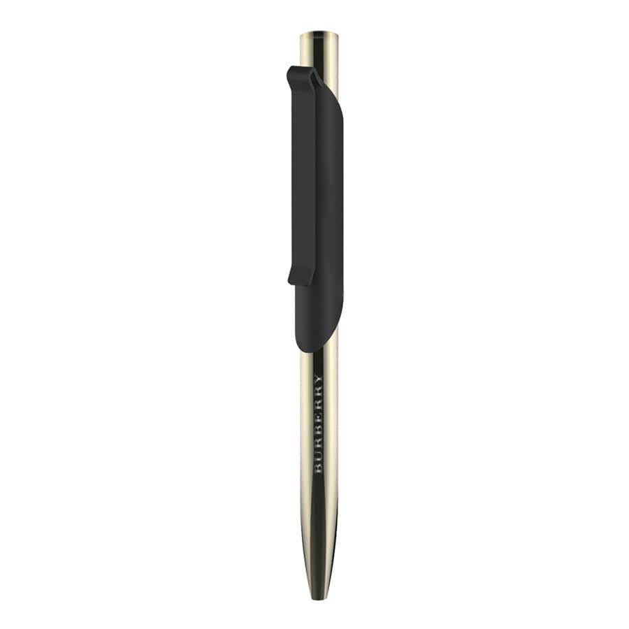 A metal ball pen in gold with a black grip and clip, featuring a logo on the barrel.