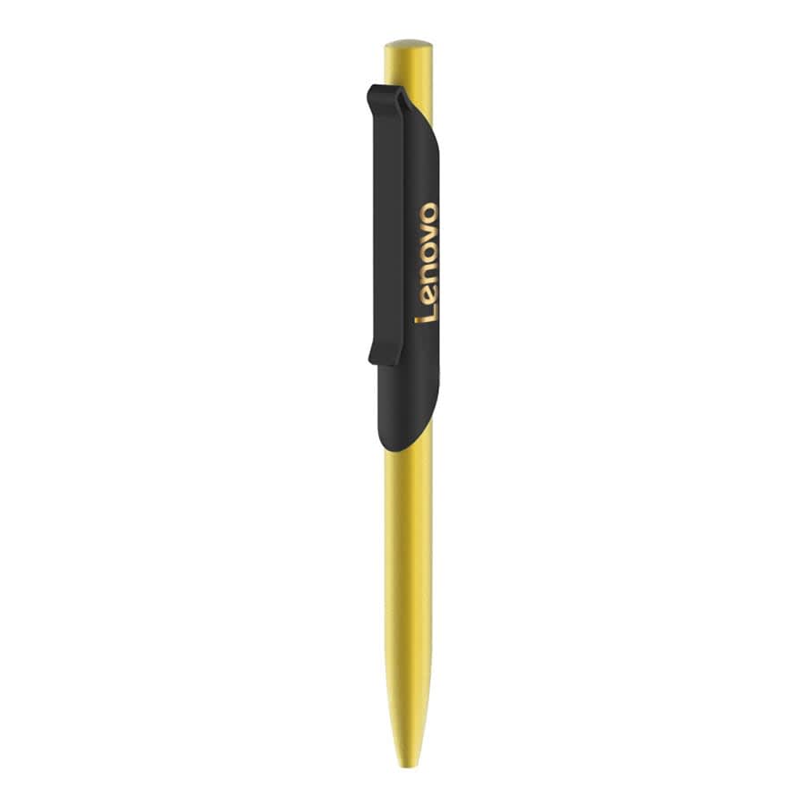 A gold and black metal ballpoint pen featuring a clip and branding.