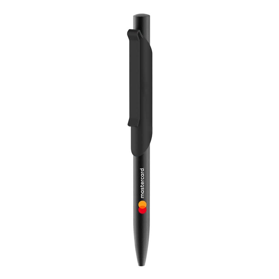 A black metal ball pen with a clip, featuring a logo on its body.