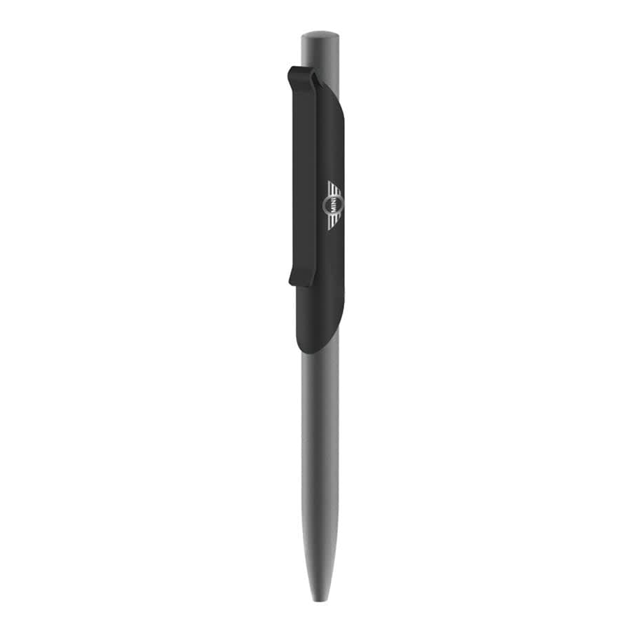 A metal ballpoint pen in grey with a black clip and a logo on the clip.