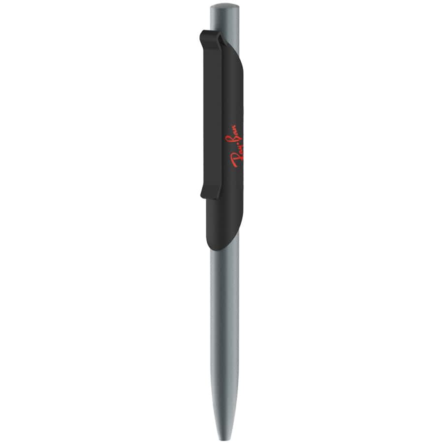 A metal pen in silver with a black clip and branding.