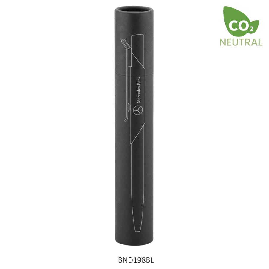 A black metal pen displayed in a cylindrical packaging, featuring a logo and a sleek design.