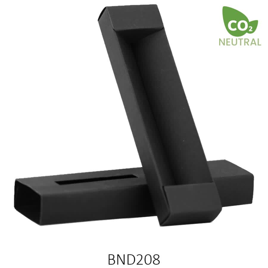 A black metal pen holder with a sleek design, featuring a logo and a CO2 neutral badge.