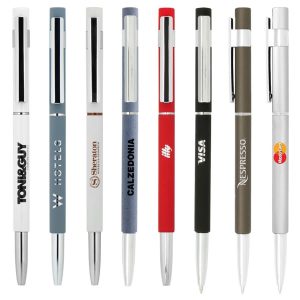 A range of slim metal pens in various colours, featuring different logos and sleek designs.