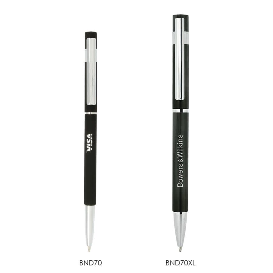 A pair of black metal Slim Hex Pens with silver accents and branding on the barrel.