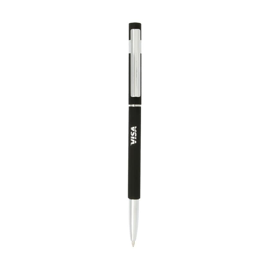 A black metal pen with a silver clip, featuring a logo.