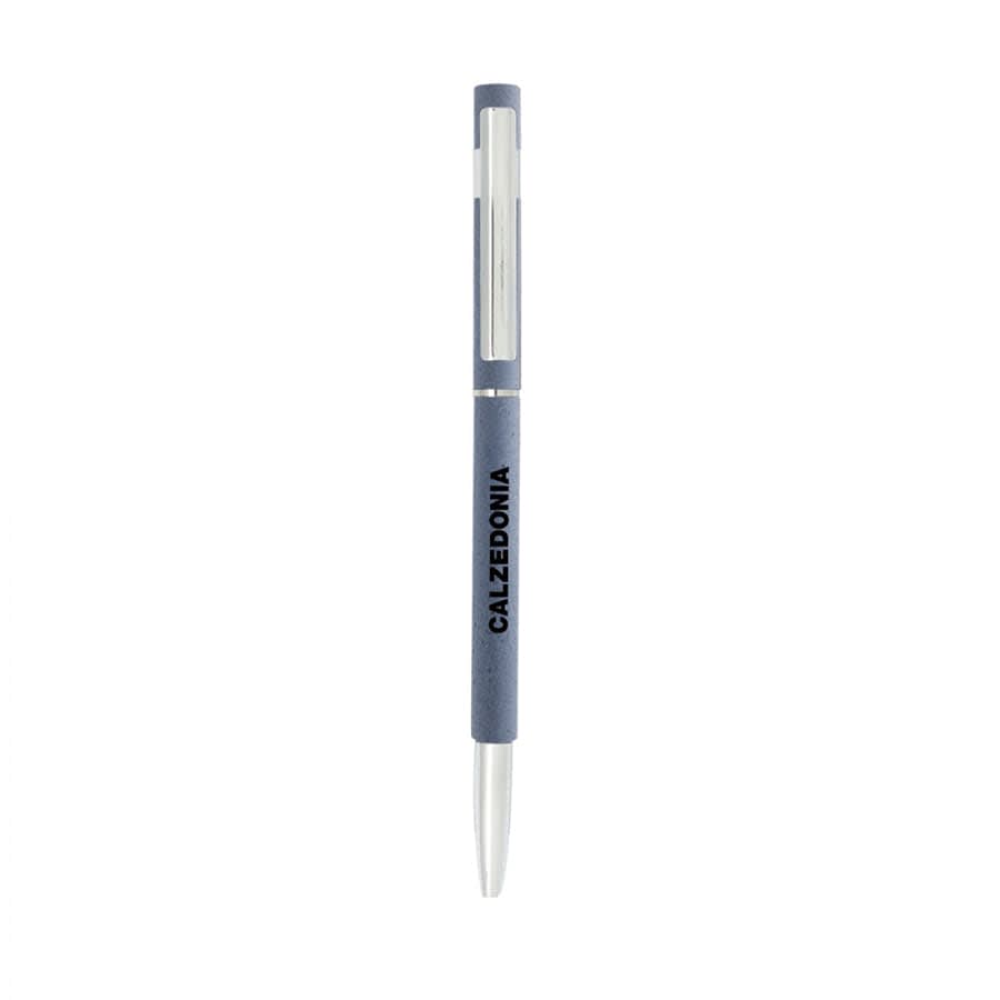 A slim metal pen in grey with a silver clip and a logo on the barrel.