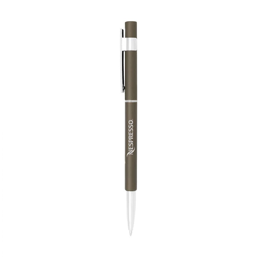 A slim, metal pen in olive green with a white clip and a logo. Features a sleek design suitable for custom orders.