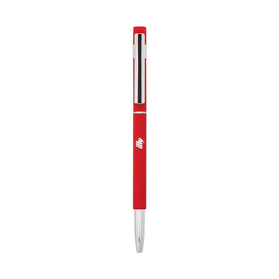 A red Slim Hex Pen with a shiny silver clip and a branding logo. Designed for custom orders.