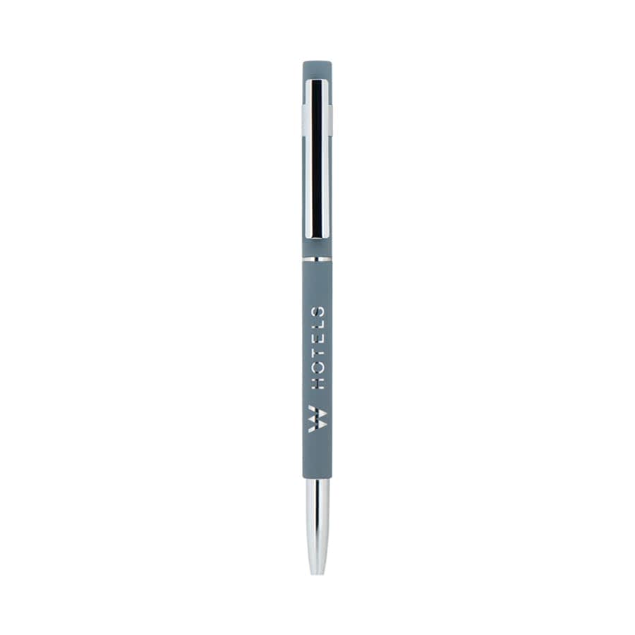 A slim hex pen in a blue-grey colour with a silver clip and branding. Suitable for custom orders.