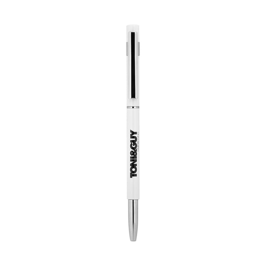 A white metal pen with a silver clip and a logo on the barrel.