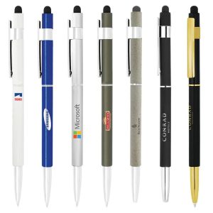 A selection of stylus hex pens in various colours including white, blue, green, grey, black, and gold, featuring different designs.