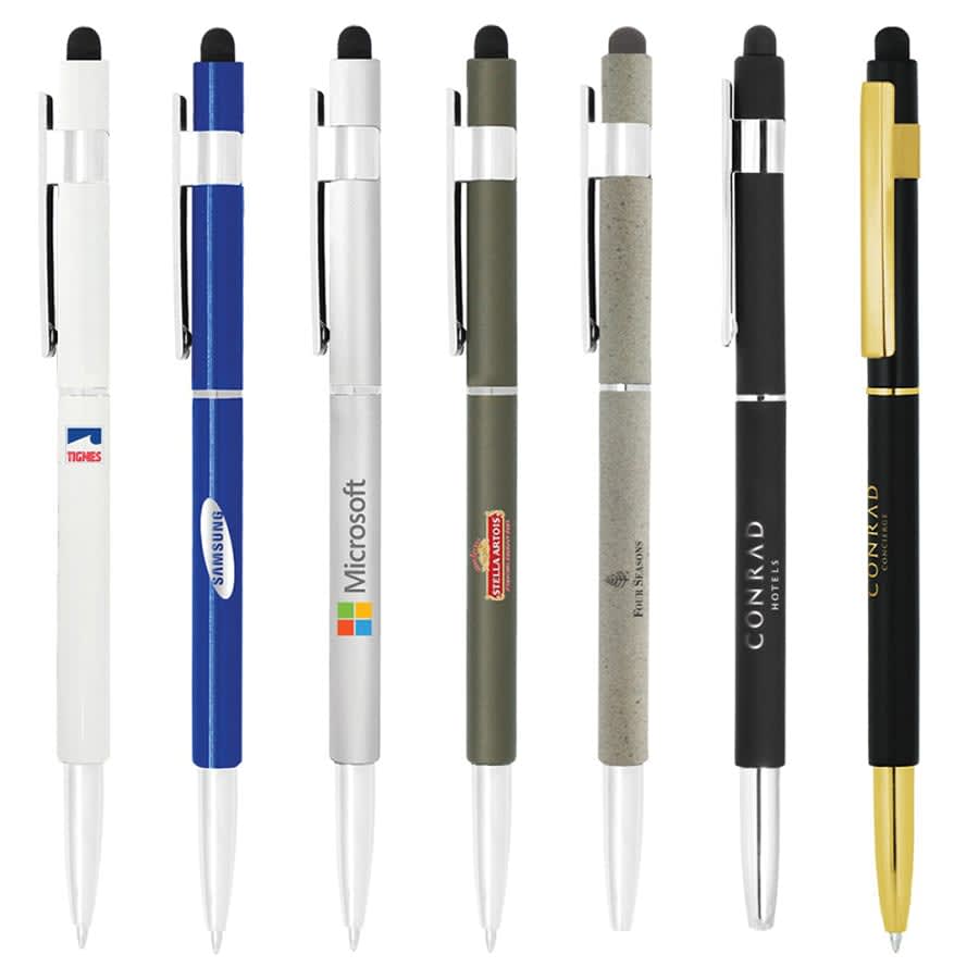 A selection of stylus hex pens in various colours including white, blue, green, grey, black, and gold, featuring different designs.