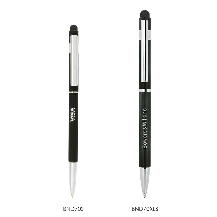 Two custom stylus hex pens in black, featuring silver clips and a logo on each pen.