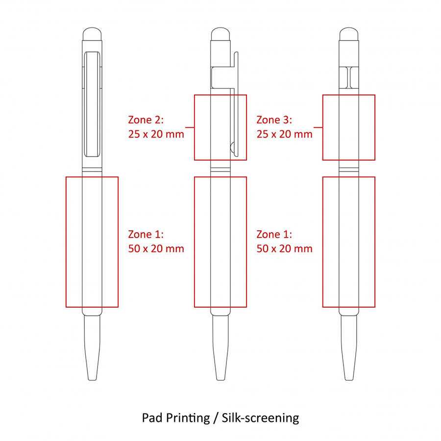 A diagram of Stylus Hex Pens featuring customisable printing zones and detailing. The pens are shown in a sleek design.