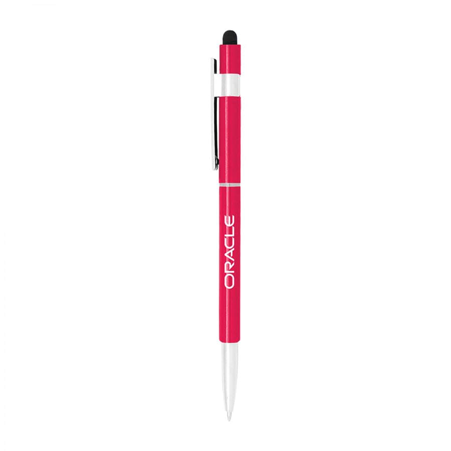 A red stylus hex pen with a black tip and silver accents, featuring a logo on the barrel.