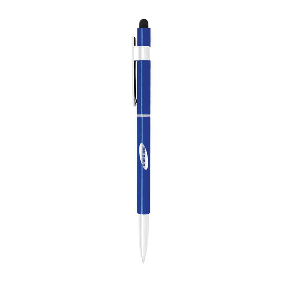 A blue stylus pen with a silver clip and a black stylus tip, featuring a logo on the barrel.