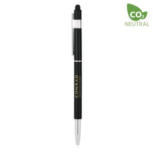 A sleek black metal stylus pen with a shiny silver clip and tip, featuring a logo.