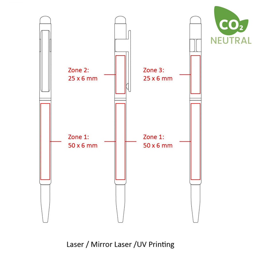 A thin metal stylus pen in multiple positions, featuring branding and printing zones outlined in red.