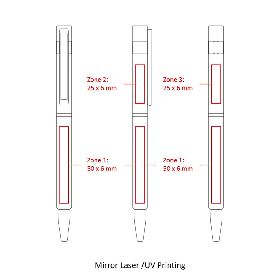 A design outline of Slim Hex Pens in various views, featuring areas for custom printing. The pens are metallic and sleek.
