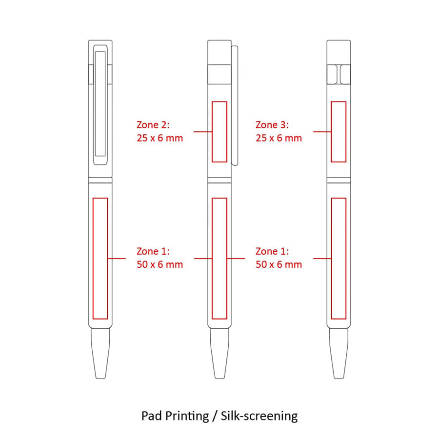 A promotional image of Slim Hex Pens in various positions, featuring zones for pad printing and silk-screening.