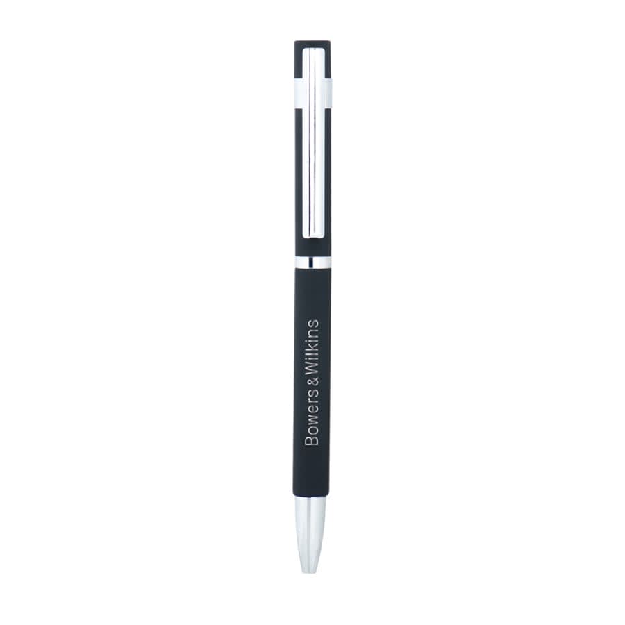 A sleek black metal pen with a shiny silver clip and a branding logo.