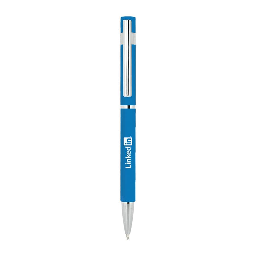 A blue slim hex pen with a metal clip and a logo. Ideal for promotional use.