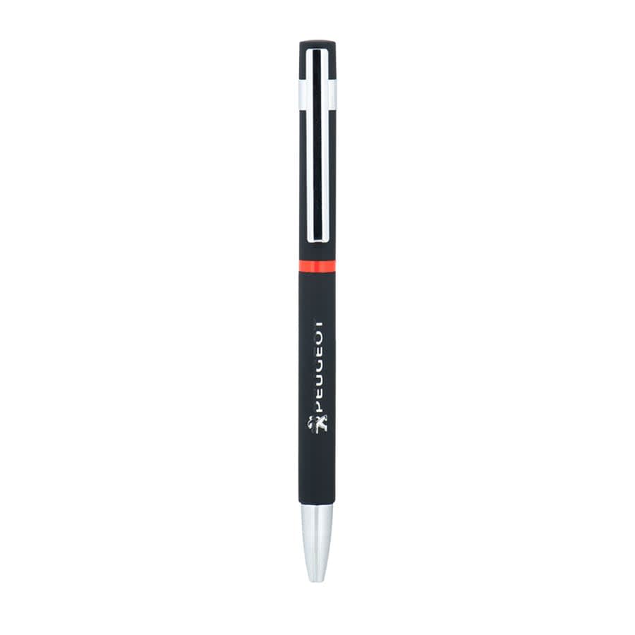 A metal pen in black with a red accent, featuring a silver tip and clip, including a logo.