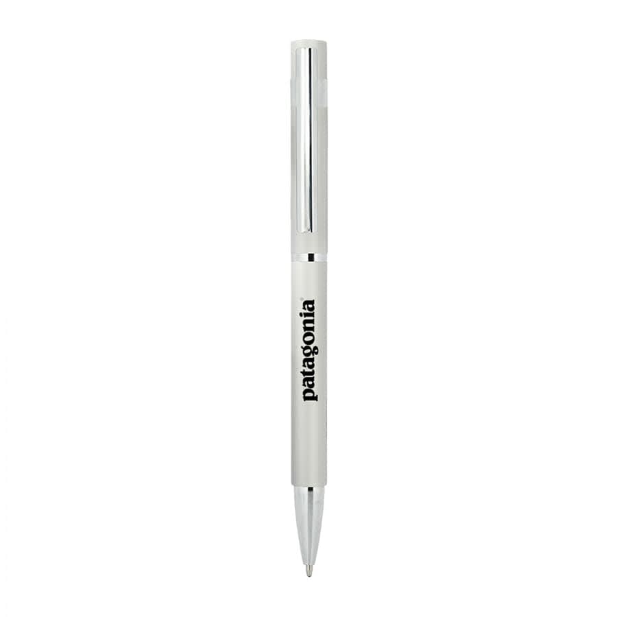 A slim white metal pen with a silver clip and a logo printed on the barrel.