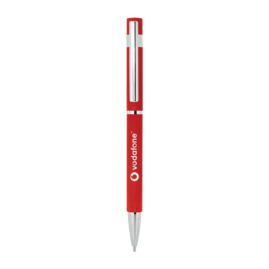 A red metal pen with a silver clip and branding on the barrel.