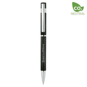 A black metal pen with a silver clip and a logo on the barrel.