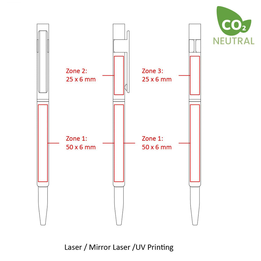 A diagram of metal Hex Pens with zones for printing, featuring a clip and various dimensions noted in red.
