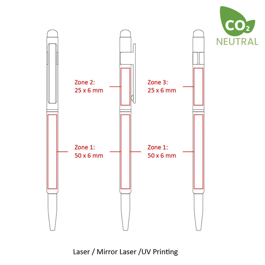 A diagram of Hex Pens featuring different printing zones, showcasing the pen's structure and dimensions. The pen includes a logo.